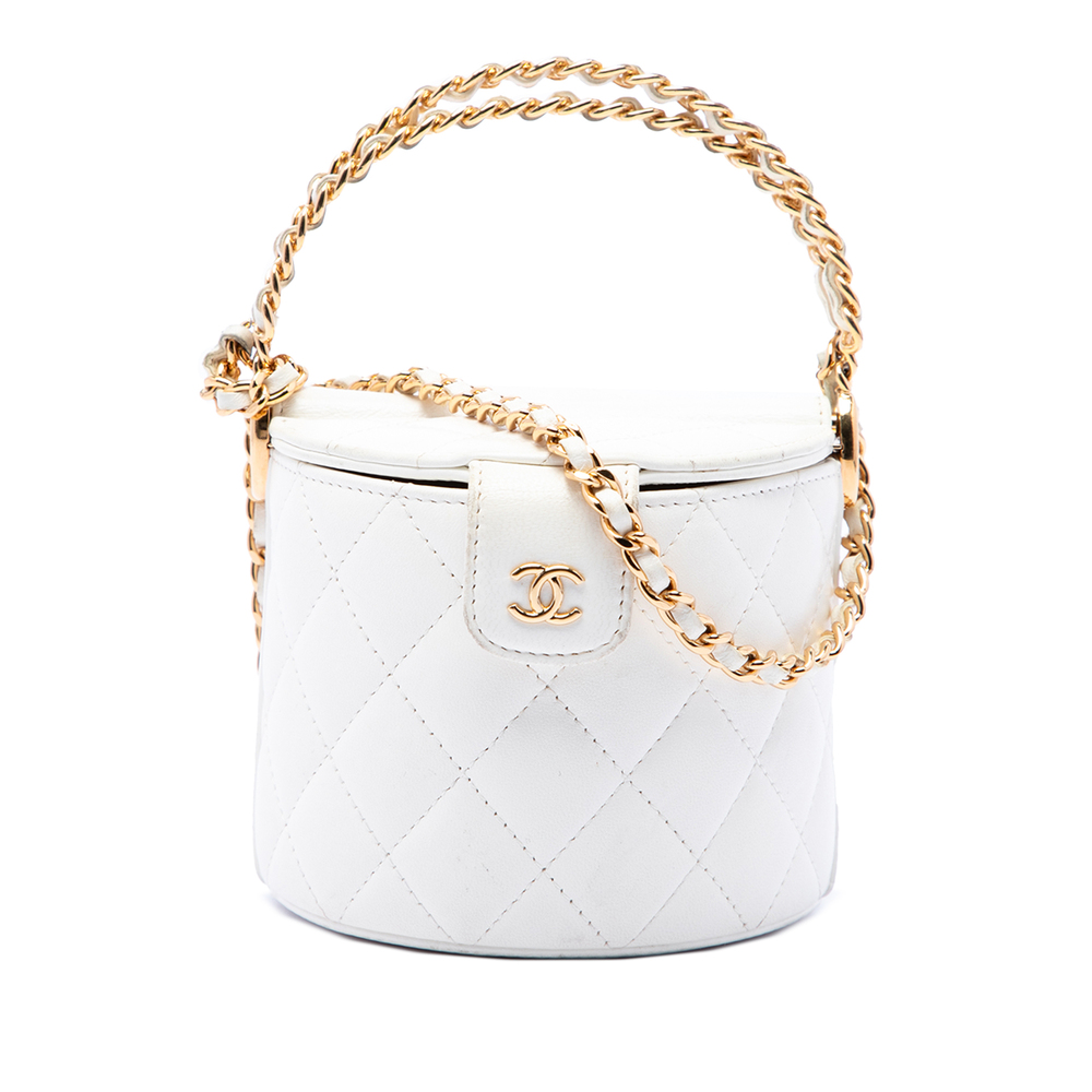 Pre-Loved Chanel CC Quilted Lambskin Top Handle Round Vanity Case with Chain